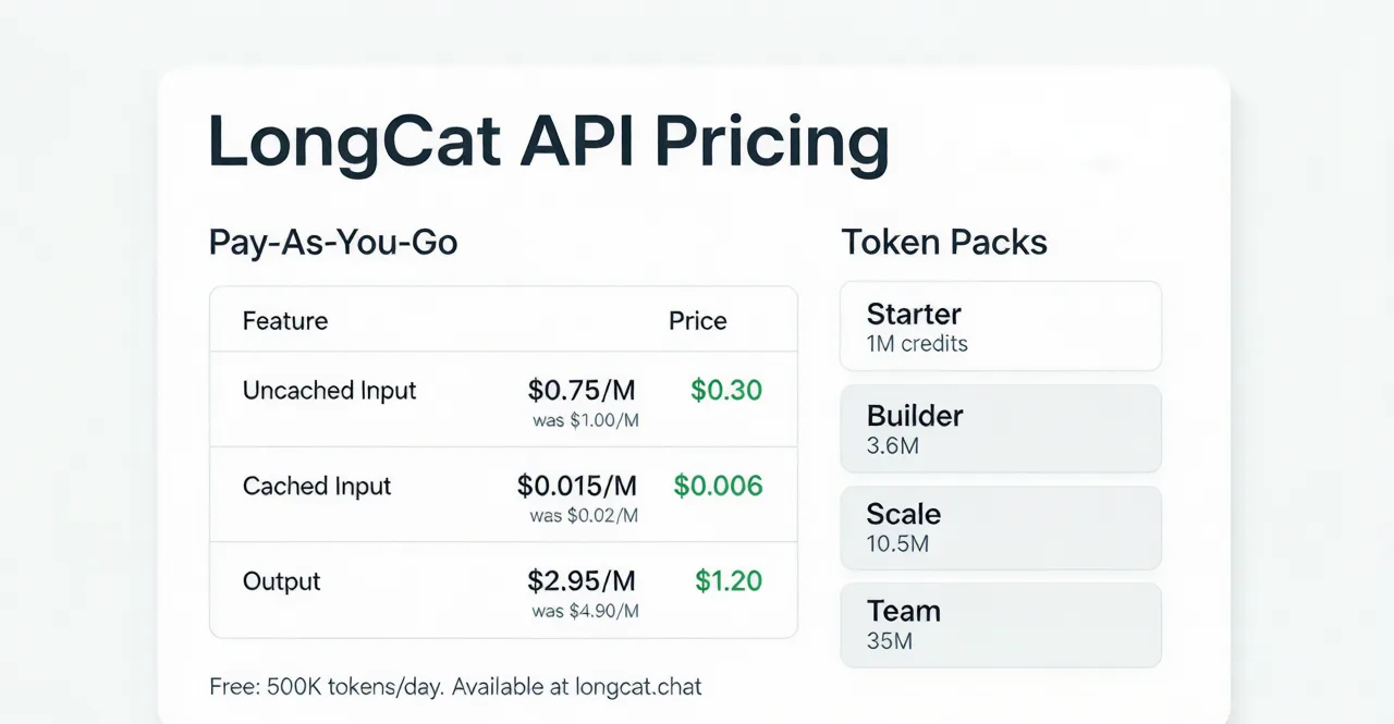 LongCat API pricing comparison — pay-as-you-go rates with discounted prices and token pack tiers