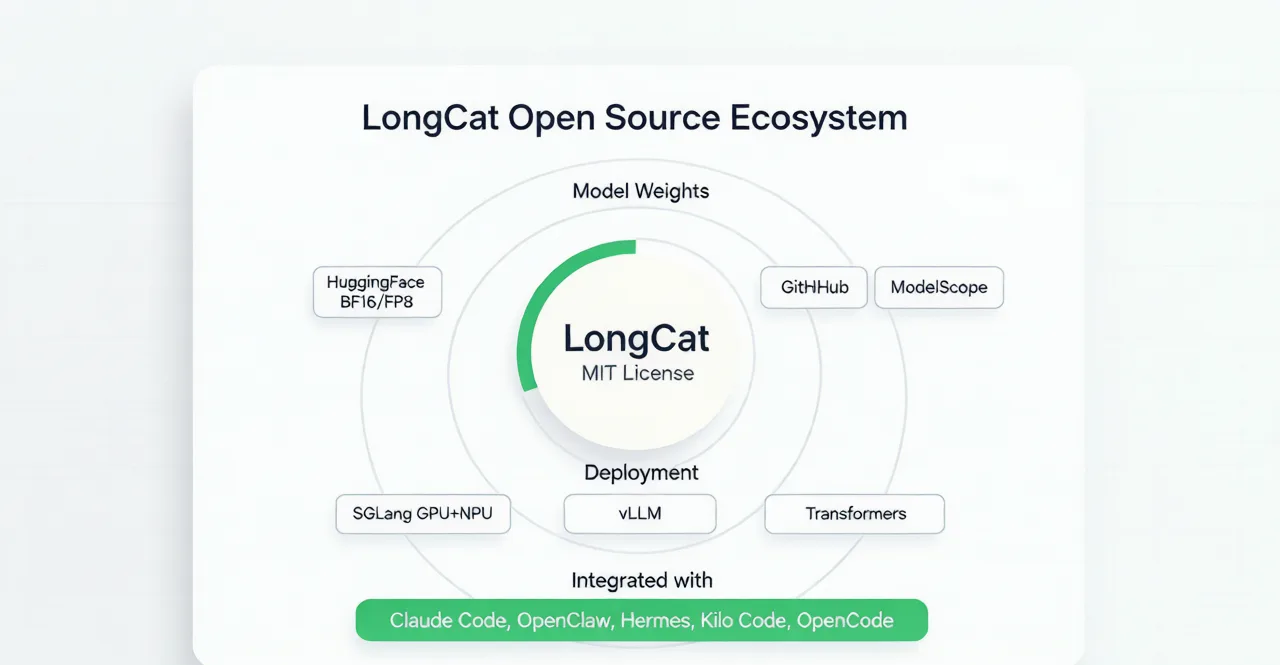 LongCat open source ecosystem — HuggingFace model weights, GitHub repositories, ModelScope, and deployment via SGLang and vLLM
